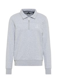 Vaaleanharmaa vetoketjullinen huppari, jossa on puolipitkä vetoketju, ribbadut hihansuut ja resorihelma; vaatteessa on hillitty logo rinnassa.