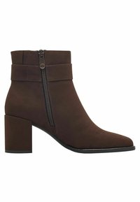 Brown suede ankle boot with a pointed toe, block heel, and side zipper. Features a folded collar detail near the top.