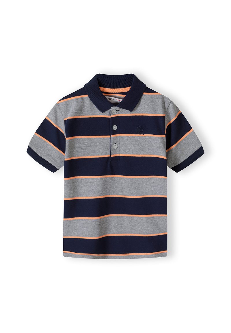 Prúžkovaná polo tričko v námorníckej a šedej farbe. Má krátke rukávy, rebrovaný golier a zapínanie na tri gombíky s oranžovými akcentmi.