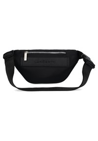 Czarna, nylonowa nerka z zamykaną kieszenią na przodzie, teksturowaną łatą z logo, regulowanym paskiem oraz zakrzywionym fasonem zapewniającym optymalne dopasowanie i komfort.