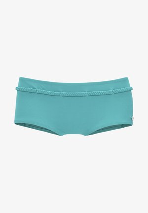 Turquoise swim shorts featuring a braided waistband, smooth fabric, and a rectangular shape with a snug fit and no visible patterns or hardware.