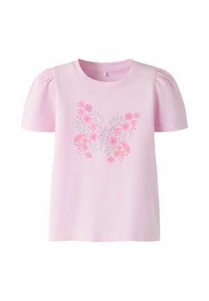 Light pink short-sleeve shirt with puffed sleeves featuring a floral butterfly design in various shades of pink and light purple.
