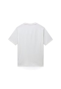 Einfaches weißes T-Shirt mit kurzen Ärmeln, flach liegend, von hinten gesehen, mit rundem Halsausschnitt und ohne sichtbare Logos oder Muster.