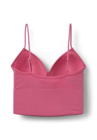 Bralette rosa a coste con spalline regolabili, dotato di scollatura a V e design leggero e senza cuciture.