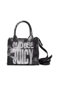 Borsa nera e grigia con testo luccicante "Juicy", tessuto testurizzato, manici doppi e tracolla rimovibile. Chiusura con zip nella parte superiore.