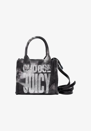 Czarna i szara torba na ramię z błyszczącym napisem "Juicy", teksturowanym materiałem, podwójnymi uchwytami i odpinanym paskiem na ramię. Zamek błyskawiczny na górze.
