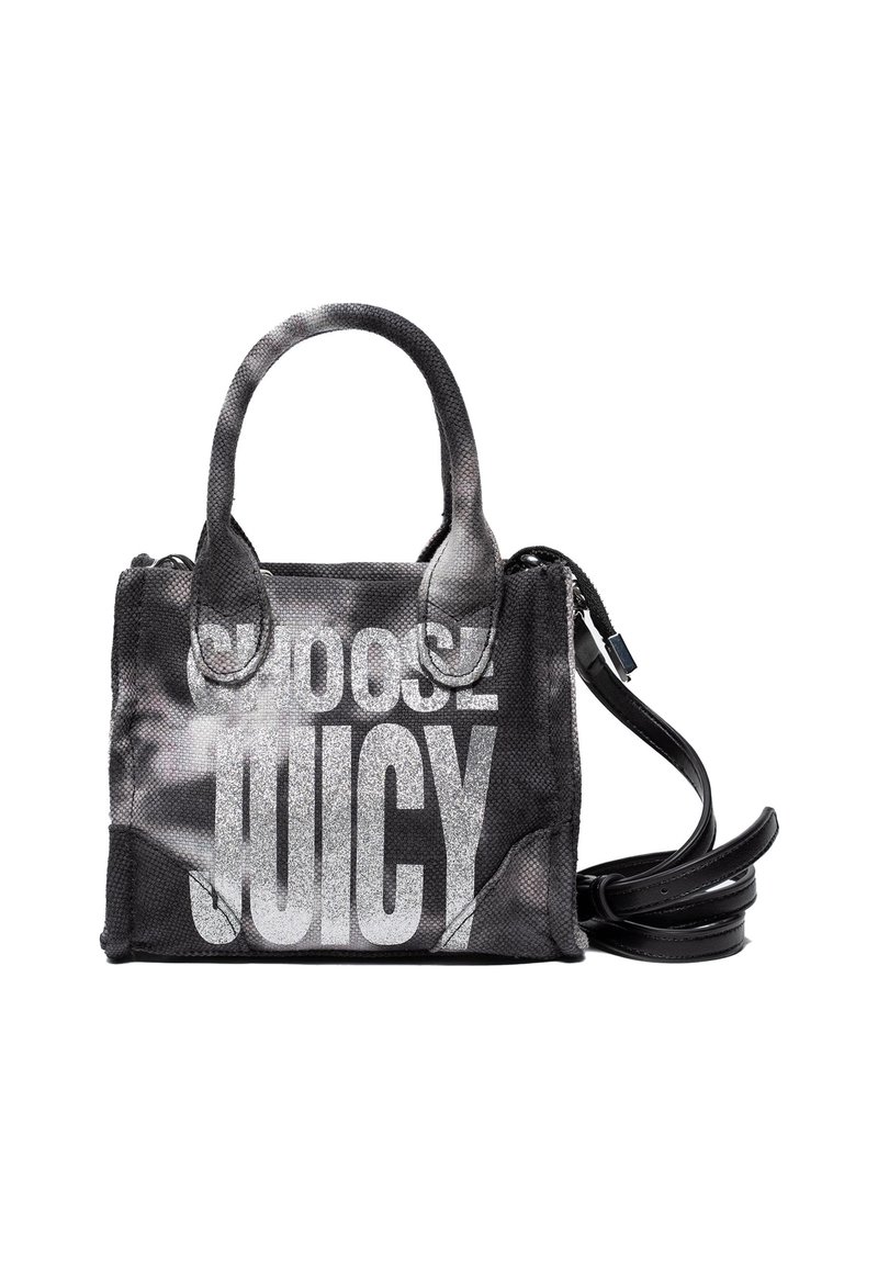 Borsa nera e grigia con testo luccicante "Juicy", tessuto testurizzato, manici doppi e tracolla rimovibile. Chiusura con zip nella parte superiore.