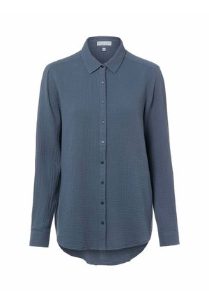 Button-up long-sleeve shirt in a shaded blue textured fabric. Features a classic collar, a slightly curved hem, and matching buttons down the front.