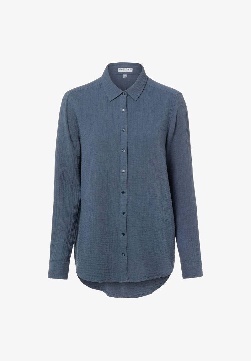 Langärmliges Hemd mit Knopfleiste aus einem schattierten, strukturierten blauen Stoff. Es verfügt über einen klassischen Kragen, einen leicht geschwungenen Saum und passende Knöpfe entlang der Vorderseite.