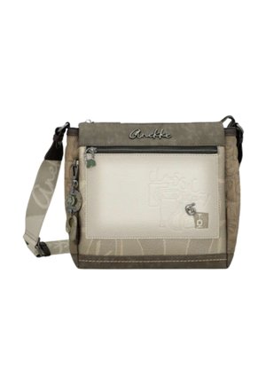 Borsa a tracolla beige e verde oliva con tasca frontale con zip, design in rilievo e tracolla regolabile con marchio "Anekke".