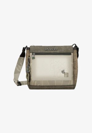 Borsa a tracolla beige e verde oliva con tasca frontale con zip, design in rilievo e tracolla regolabile con marchio "Anekke".