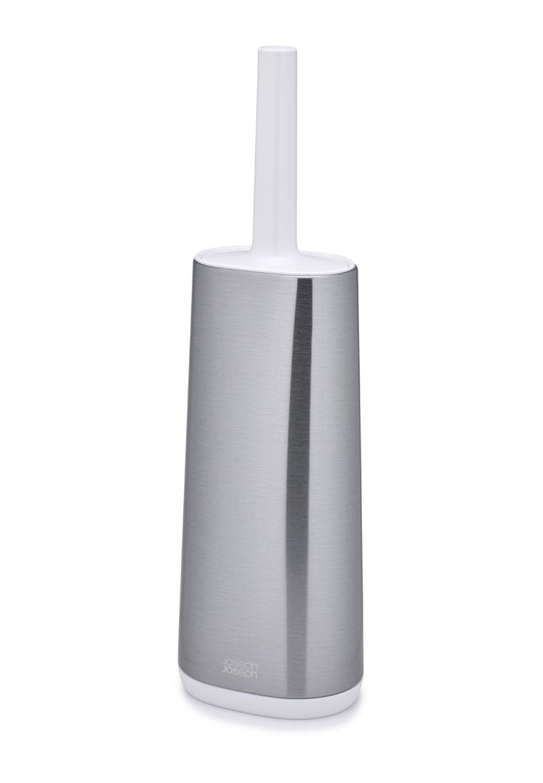 Toilettenbürstenhalter aus Edelstahl mit gebürsteter Oberfläche, konisch geformt, mit weißem Kunststoffgriff und abgerundetem Boden.