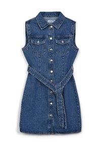 Robe en denim avec design sans manches, col, fermeture à boutons sur le devant et deux poches poitrine. Comprend une ceinture à nouer à la taille et un délavage bleu clair.