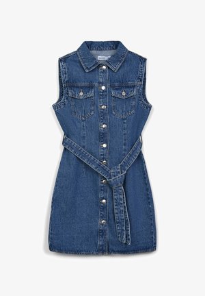 Denimkleid mit ärmellosem Design, Kragen, vorderem Knopfverschluss und zwei Brusttaschen. Verfügt über einen gebundenen Taillengürtel und eine hellblaue Waschung.