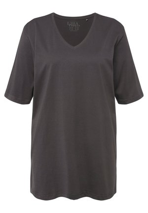 Dark gray V-neck t-shirt with short sleeves, made of soft fabric. Features a loose fit and subtle branding at the neckline.