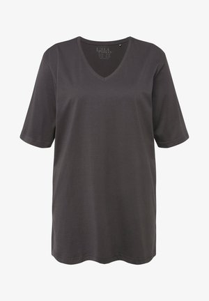 Dunkelgraues V-Neck T-Shirt mit kurzen Ärmeln, aus weichem Stoff. Es hat eine lockere Passform und ein dezentes Branding am Hals.
