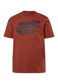 Červené bavlněné tričko s navy modrou grafikou, na které je nápis "GRAND CANYON TOUR USA", se křídly po stranách. Kulatý výstřih, krátké rukávy.