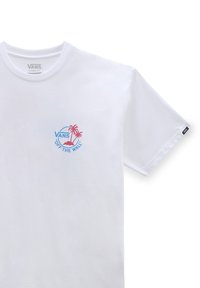 T-shirt en coton blanc avec un logo multicolore représentant des palmiers et le texte "VANS OFF THE WALL" sur la poitrine gauche. Coupe classique.