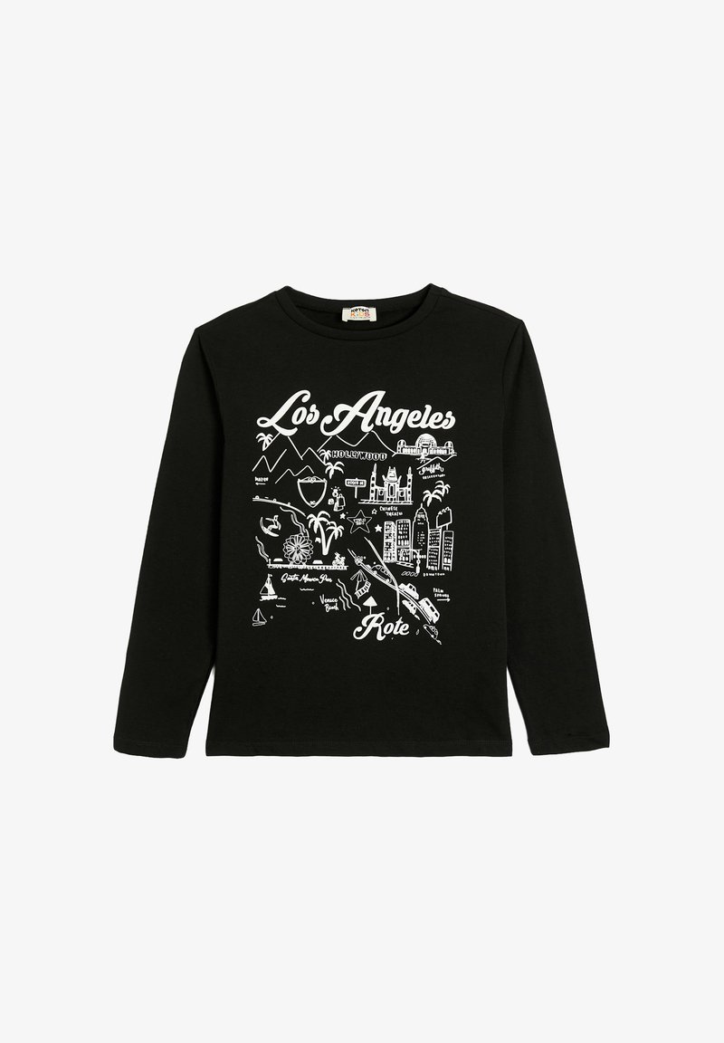 Black long-sleeve t-shirt featuring white print with map designs and text related to Los Angeles, including palm trees and landmarks.