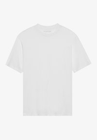 Weißes Baumwoll-T-Shirt mit Rundhalsausschnitt, kurzen Ärmeln und lockerer Passform. Minimalistisches Design ohne sichtbare Muster oder Verzierungen.
