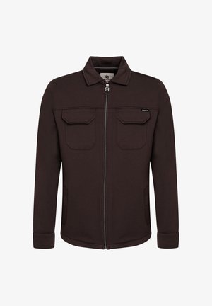 Dark brown zip-up jacket made of soft material, featuring two chest pockets and two side pockets, with a classic collar and long sleeves.