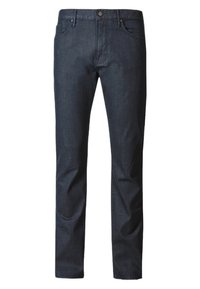 Jeans de mezclilla azul oscuro con corte recto, diseño de cinco bolsillos y cierre de botón en la cintura. Textura suave con ligero brillo.