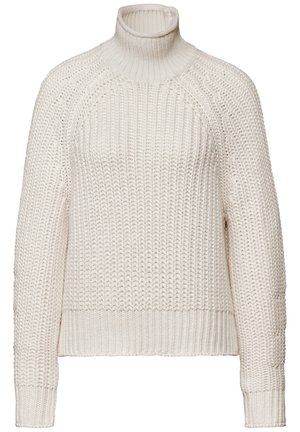 Sweter w kolorze kremowym, dziany, z wysokim kołnierzem, rękawami raglanowymi i ściągaczem u dołu. Teksturowana tkanina ma luźny wzór ściegu.