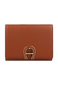 Brown leather wallet with a textured finish, featuring a gold hardware accent shaped like an "A" on the front. Rectangular design.