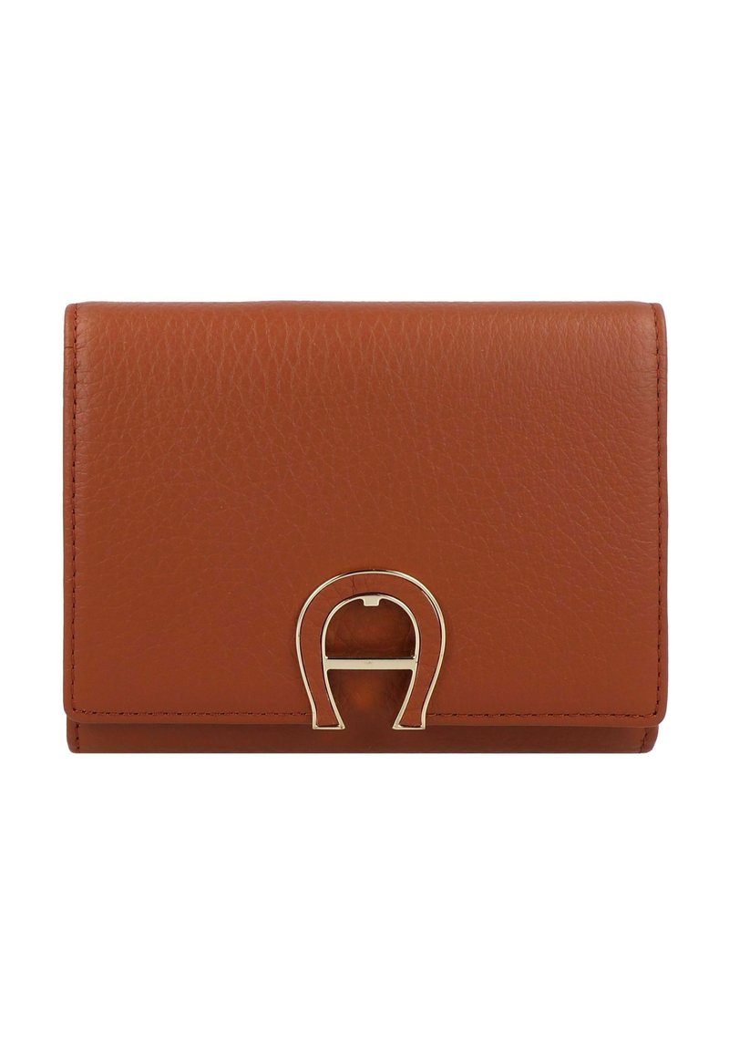 Brown leather wallet with a textured finish, featuring a gold hardware accent shaped like an "A" on the front. Rectangular design.