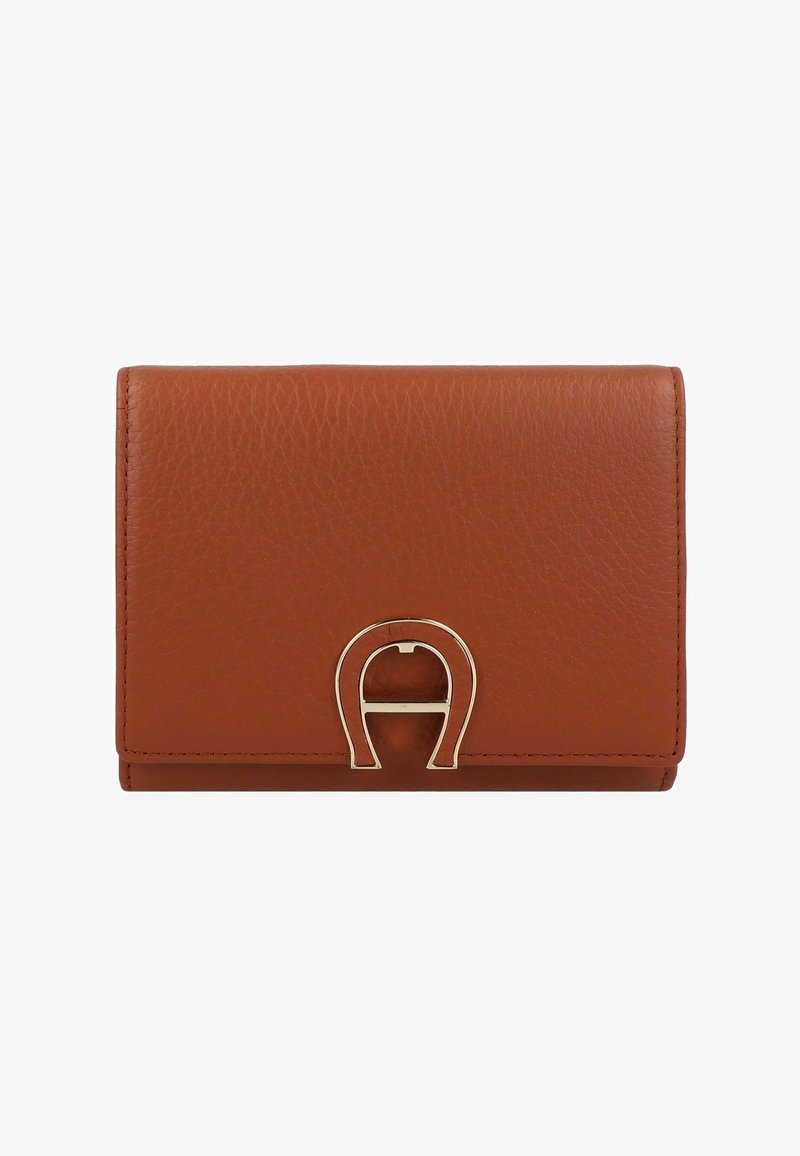 Brown leather wallet with a textured finish, featuring a gold hardware accent shaped like an "A" on the front. Rectangular design.