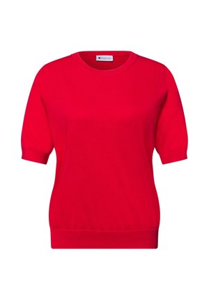 Maglione corto a maniche corte in maglia rossa con scollo tondo e polsini e orlo a costine, etichettato "Street One" all'interno del collo.