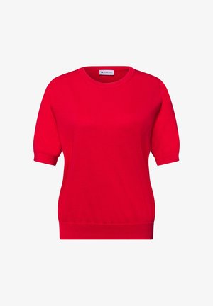 Maglione corto a maniche corte in maglia rossa con scollo tondo e polsini e orlo a costine, etichettato "Street One" all'interno del collo.