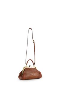 Brown leather handbag with a textured alligator pattern, gold-tone hardware, a top handle, and an adjustable shoulder strap.