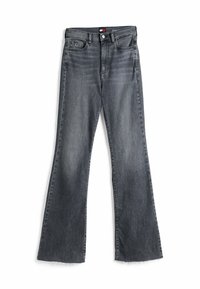 Jeans in denim svasato di un grigio scuro con un leggero lavaggio. Presentano un orlo grezzo e un classico design cinque tasche, realizzati in resistente tessuto di cotone.