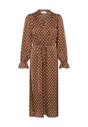 Brown polka dot dress with long sleeves, V-neckline, and tie waist. Features ruffled sleeve cuffs and a flowing silhouette. Soft fabric texture.