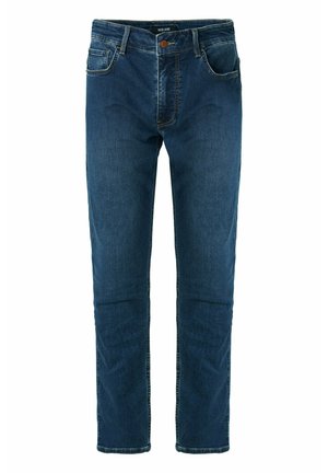 Jeans de denim en un lavado azul oscuro, con un corte recto, diseño de cinco bolsillos y cierre de botón metálico en la cintura.