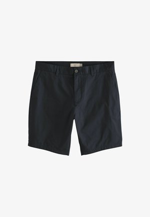 Dunkelmarineblaue Shorts aus einem glatten, leichten Stoff. Ausgestattet mit zwei Seitentaschen, einem Knopfverschluss und einem klaren, schlichten Design.