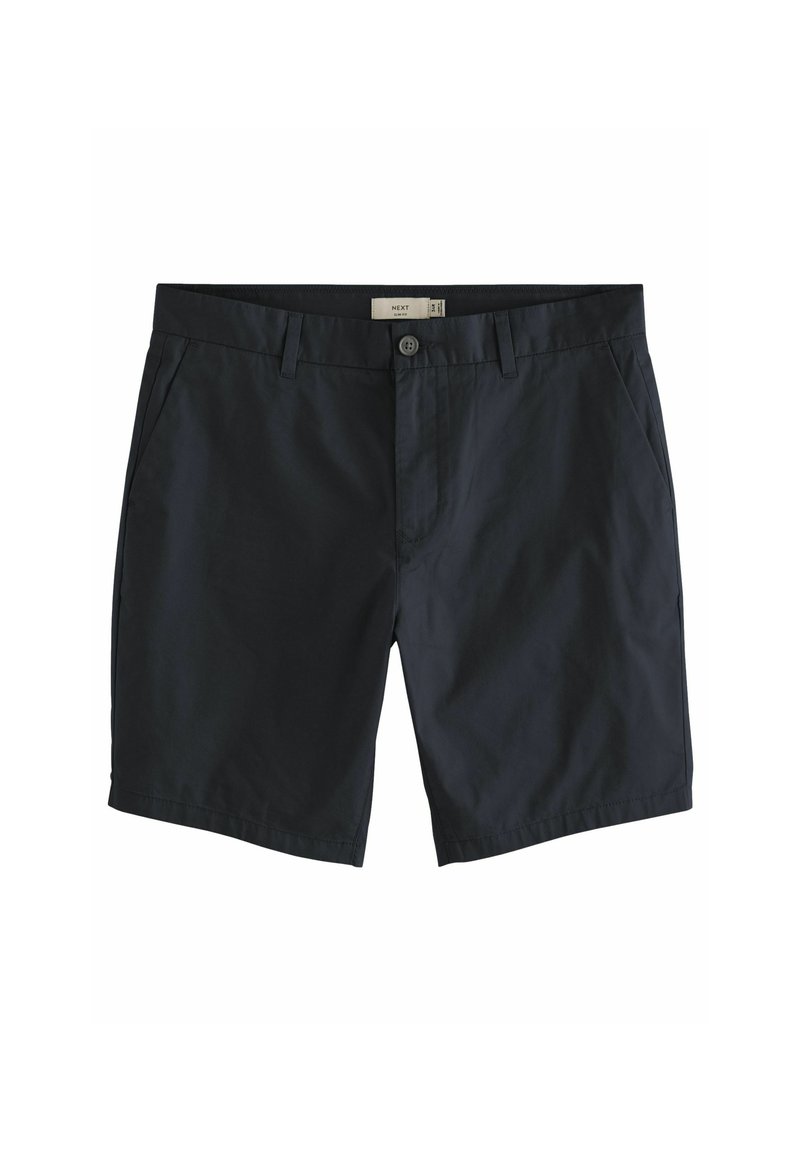 Pantalones cortos azul marino oscuro con una tela suave y ligera. Cuenta con dos bolsillos laterales, un cierre con botón y un diseño limpio y sencillo.
