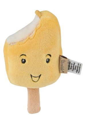 Plüschgelbe Eiscreme-Stange mit einem Bissen, besticktem lächelndem Gesicht und Stoffetikett auf weißem Hintergrund.