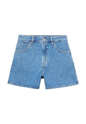 Jasnoniebieskie szorty dżinsowe z wysokim stanem, klasycznym pięciokieszeniowym fasonem oraz prostym krojem z postrzępionym dołem.