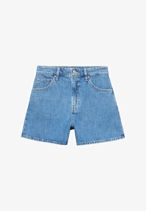 Jasnoniebieskie szorty dżinsowe z wysokim stanem, klasycznym pięciokieszeniowym fasonem oraz prostym krojem z postrzępionym dołem.