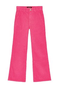 Roze corduroy flared broeken met een knoopsluiting en zakken, met zichtbare ribbelstructuur en een hoge taille.