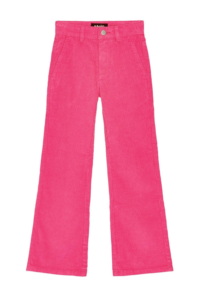 Roze corduroy flared broeken met een knoopsluiting en zakken, met zichtbare ribbelstructuur en een hoge taille.