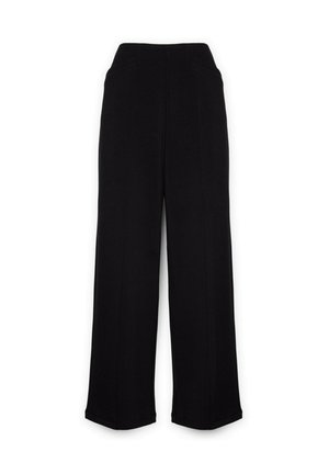 Pantaloni a gamba larga neri con vita alta, realizzati in tessuto liscio, dotati di tasche laterali e linee pulite e senza decorazioni. Nessuna chiusura visibile.