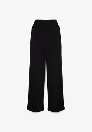 Pantaloni a gamba larga neri con vita alta, realizzati in tessuto liscio, dotati di tasche laterali e linee pulite e senza decorazioni. Nessuna chiusura visibile.