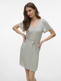 Abito a maniche corte a righe in beige e grigio, con scollatura a V e vita regolabile. Tessuto morbido con vestibilità comoda e orlo dritto.