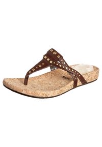 Sandalo in pelle marrone con borchie d'oro quadrate. Suola in sughero con rivestimento morbido. Sole piatto, design aperto sul retro per una facile calzata.