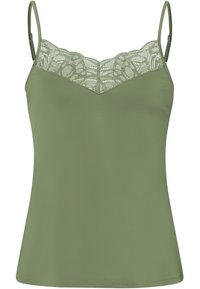 Olive green camisole featuring delicate lace trim along the neckline, adjustable straps, and a slightly flared hem for a relaxed fit.