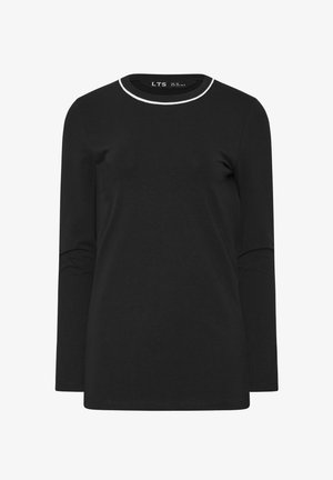 Camisa negra de manga larga con ribete blanco alrededor del cuello redondo, diseño liso y etiqueta de talla en el interior del cuello.