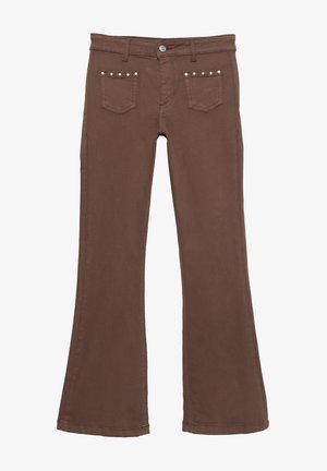 Brown flared pants with two front pockets, each adorned with a row of small silver studs along the top edge.